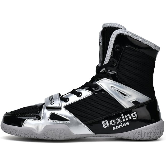 Боксерські кросівки для чоловіків та жінок, дитячі, для занять індоор-фітнесом, бойові кросівки, антиковзаючі та дихаючі хай-топ боксерські кросівки, розмір 47 EU, чорний/сріблястий
