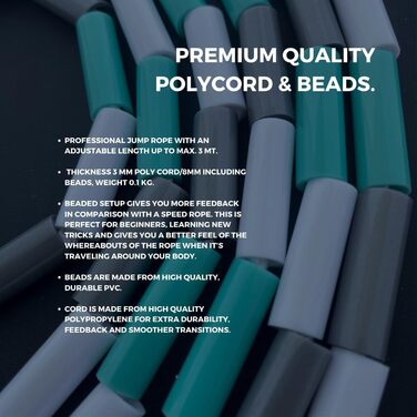 Стрибкове канат Elevate Rope Professionelles Perlen - 3м, регульований, якісні намистини, полісний шнур, для фрістайлу, кардіо та трюків, підходить для всіх рівнів, для використання в приміщенні та на вулиці (білий/бірюзовий/сріблястий)