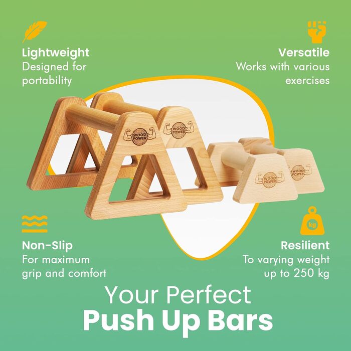 Дерев'яні бруси WOODPOWER PowerBars для віджимань, йоги та каллістеніки, нековзкі, для приміщення і вулиці, захист суглобів, комплект XS+XL