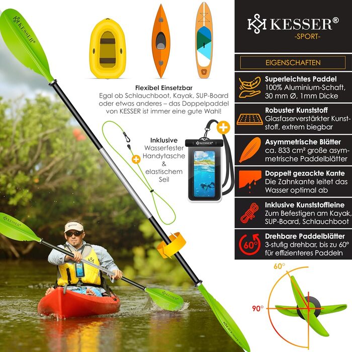 Веслування KESSER® Paddle Doppelpaddel - 4-частини для каяка, SUP, станд-ап паділбордингу, 228 см, алюміній. Ідеально для човна, веслування стоячи. В комплекті: страховочна мотузка, чохол для телефону, дошка для серфінгу. (Зелений)