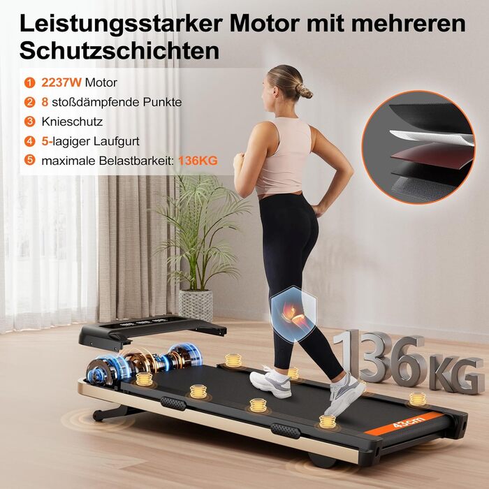 Біговий тренажер DeerRun з нахилом 9%, для дому, до 136 кг, Walking Pad, сумісний з робочим столом, з APP-керуванням, курсами тренувань та кількома режимами бігу, чорний