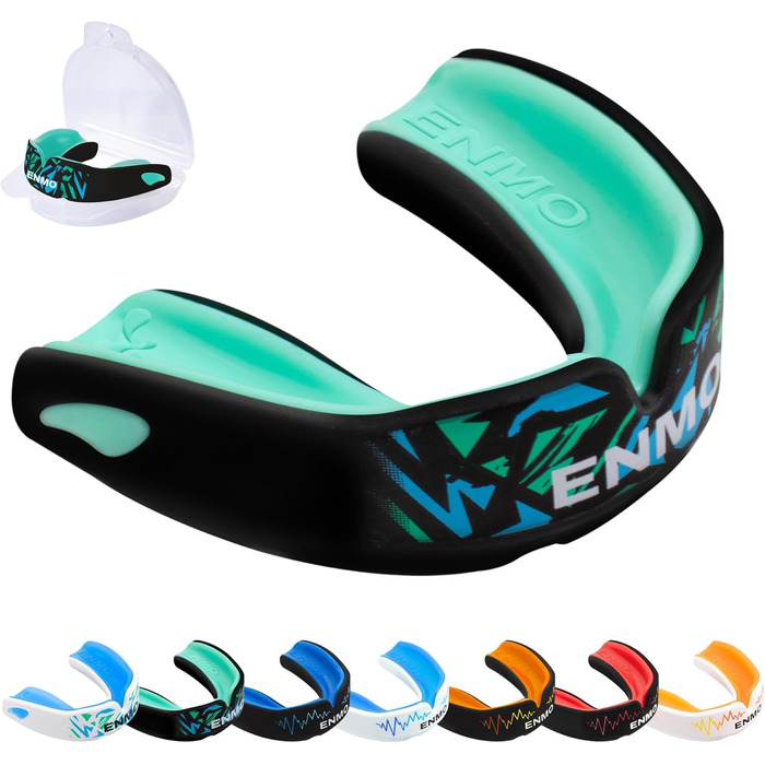 Захисний капу для спорту Enmo Maxilla Pro: для дорослих та дітей (10+), з чохлом. Підходить для регбі, боксу, хокею та контактних видів спорту. Капу з функцією формування під індивідуальну форму, дихальним каналом, тришаровий, білий/блакитний.