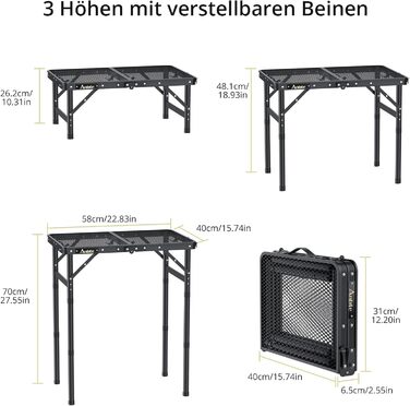 Стіл для кемпінгу Anbte Grilltisch 58x40 см, металевий, регульована висота (26/48/70 см), алюмінієвий каркас, чорний