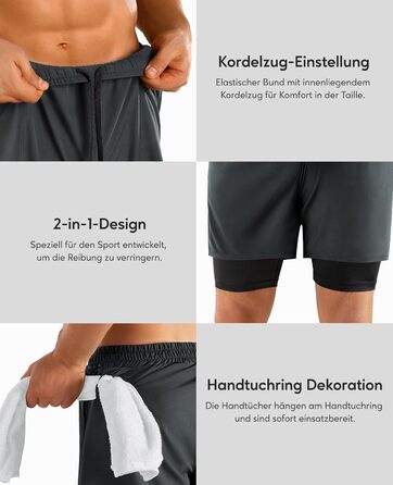 Шорти чоловічі Niksa 2er Pack 2-в-1: спортивні, швидковисихаючі, дихаючі, з кишенею для телефону (XL, сірий)