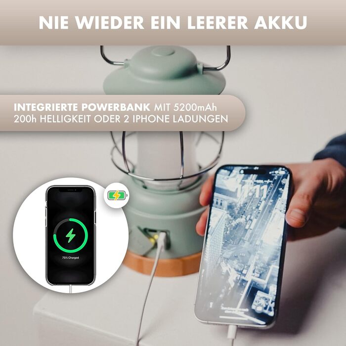 Наметна лампа NATURBUMMLER® з акумулятором та Powerbank [LUX Secure+] IPX4, вологостійка та димувана – 5200mAh, 200 годин роботи, LED для кемпінгу та відпочинку на природі