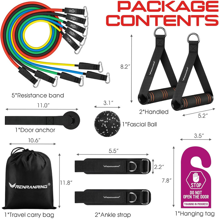 RENRANRING Резистентні еластичні стрічки для фітнесу, 150 lbs, набір з ручками та ременями для ніг, для тренування м'язів, формування тіла, фізіотерапії, кольори: рожевий, блакитний, сірий, чорний