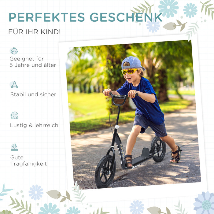 Дитячий самокат HOMCOM Kickscooter 12 дюймів із заднім гальмом, регульований по висоті самокат чорного кольору, міцна сталь та EVA, ідеально підходить для дітей