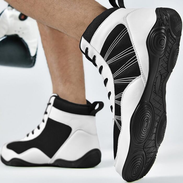 Боксерські черевики чоловічі хай-топ, професійні, для тренувань, антиковзкі, дихаючі, унісекс (43 EU, чорний/білий)