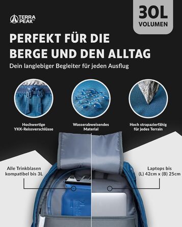 Туристичний рюкзак Terra Peak Flex 30L з вентиляцією спини, дощовиком і тримачем для питної системи – середній преміум-рюкзак для походів, 3D Air Mesh, поясний ремінь