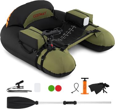 Надувне рибальське сидіння Belly Boat Costway з регульованим утримувачем вудки, зеленого кольору
