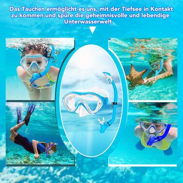 Набір для снорклінгу для дітей з ластами, маска з панорамним оглядом 180°, регульовані ласти, високоякісна маска та сухий снорк. для плавання (небесно-блакитний)