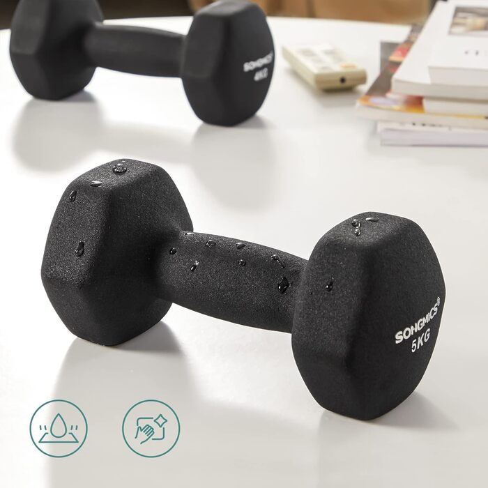 Гантелі SONGMICS набір 2 x 5 кг, з підставкою, 2 x 1 кг, 2 x 2 кг, 2 x 3 кг, для силових тренувань вдома, в офісі чи спортзалі, чорні, лаймові, бірюзові, світло-сірі