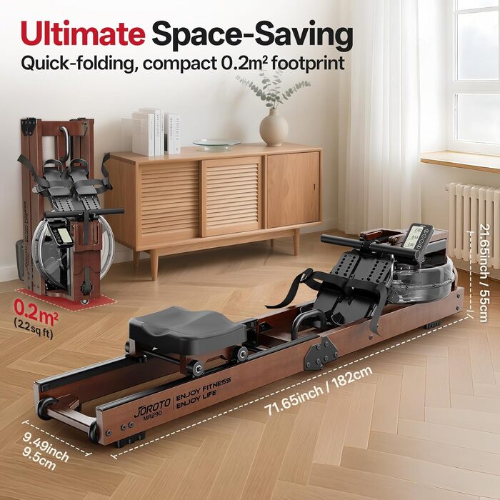 Гребний тренажер JOROTO для дому, дерев'яний, складаний | Bluetooth, сумісність з Kinomap | Макс. вага 150 кг, 16 л резервуар для води