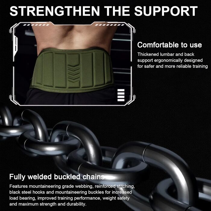 Пояс для підтягувань з ланцюгом та карабінами, вантажний пояс для важкої атлетики, тренувань у залі та вдома, зелений