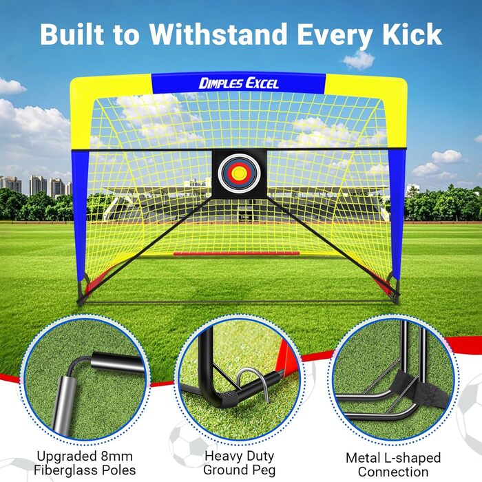 Ворота для футболу Dimples Excel Pop-Up – розкладні для дітей | Набір 1 або 2 шт. | Розміри 120x90 / 152x110 / 213x152 см | 3 кольори | З м'ячем, насосом, конусами та мішенню | Для саду та подарунка (2-120x90 блакитний+аксесуари)