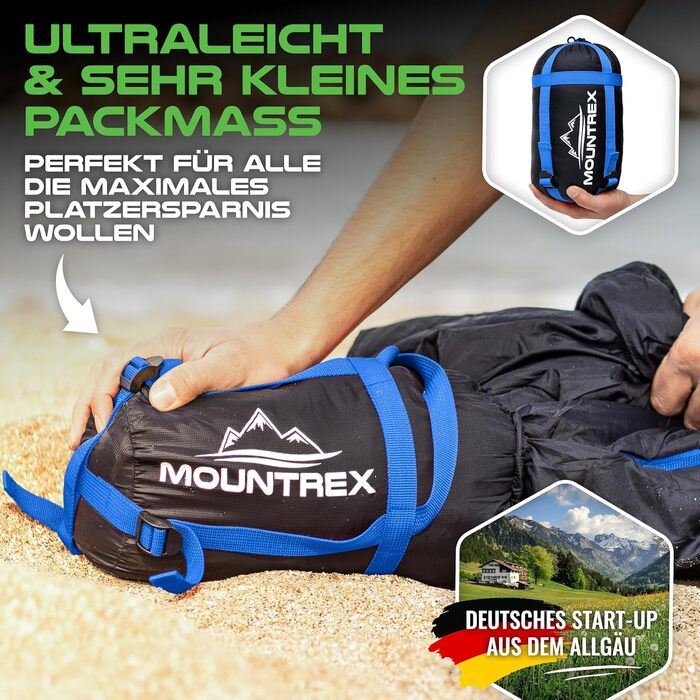 Сплячий мішок MOUNTREX® - компактний та ультралегкий (760г/1500г) - Outdoor спальний мішок для літа (100GSM) / 3-4 сезони (300GSM) - Мумієподібний спальний мішок – кемпінг, подорожі, фестивалі – теплий та з'єднуваний, темно-синій/синій