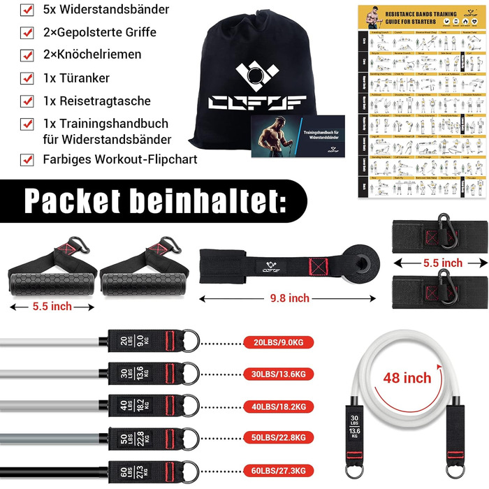 Набір еластичних стрічок для фітнесу Resistance Bands, 5 шт. з великими ручками, фіксатором для дверей та сумкою, для силових тренувань та пілатесу (200lbs)