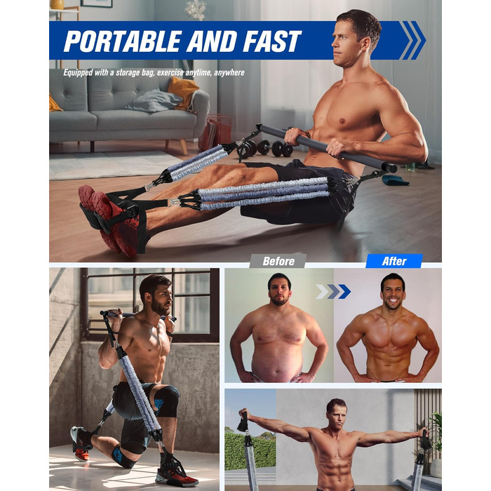 Набір для пілатесу з еластичними стрічками та стержнем для силових тренувань, 180LBS/140LBS/240LBS/360LBS, фітнес-стрічки, сірий