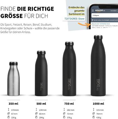 Термос 720°DGREE milkyBottle 1 л, нержавіюча сталь, BPA-free, для газованої води, спортивна пляшка, університет, школа, фітнес, кемпінг, матова чорна