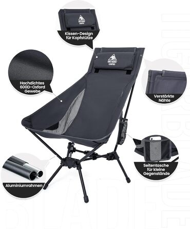 Стілець для кемпінгу OneTigris TIGERBLADE з високою спинкою, 170 кг, складаний, легкий, з трикутним каркасом, для риболовлі з 2 кишенями, для відпочинку на природі, піших прогулянок (сірий)