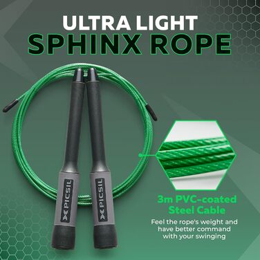 Picsil Sphinx Speed Rope – легке та міцне скакалка для кроссфіту, фітнесу, боксу, професійна скакалка з подвійним підшипником, високоякісні матеріали, чорна