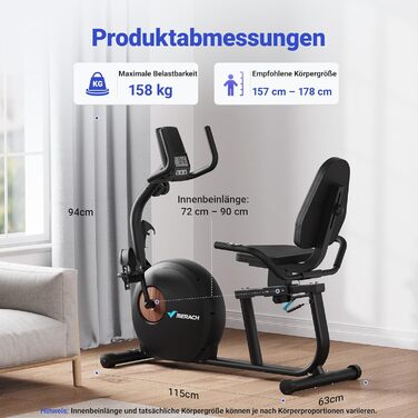Велотренажер MERACH Liegeergometer для дому з 8 рівнями регулювання опору, Bluetooth, LCD-дисплеєм, датчиками пульсу та регульованою спинкою, чорний