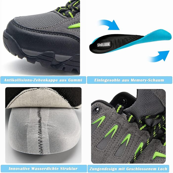 Черевики для хайкінгу SHULOOK чоловічі водонепроникні легкі трекінгові черевики з підтримкою щиколотки, антиковзаючі кросівки для кемпінгу, туризму, сірі, зелені, 45 EU