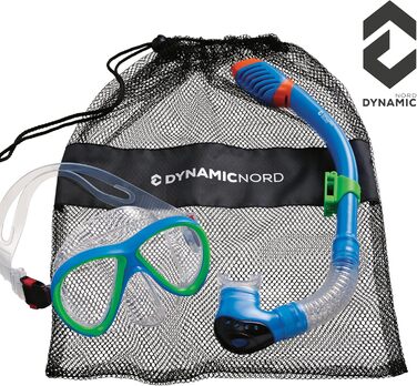 Дитячий набір для дайвінгу DYNAMICNORD La Gomera Pro Junior: силіконова маска, трубка з Dry-Top, безпечне скло, чохол, синій/зелений, розроблено в Німеччині