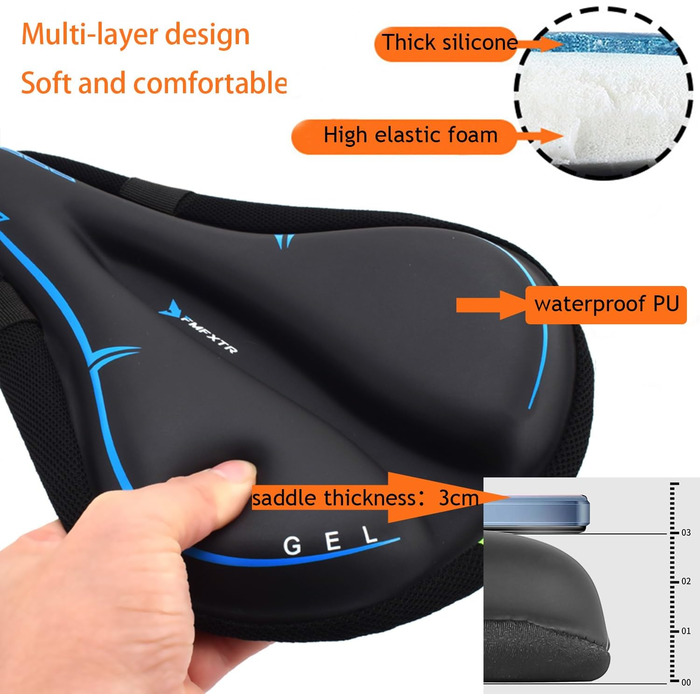 Покриття на сидіння велосипеда, гелевий чохол для сидіння, водонепроникний, для гірського велосипеда, велотренажера, спінінгу (блакитний)