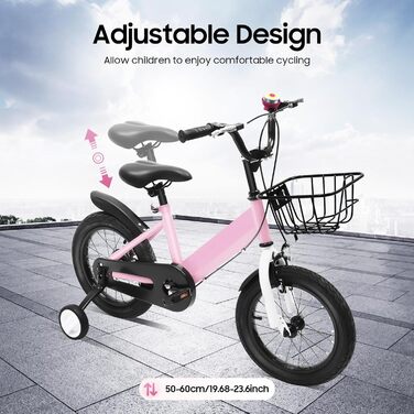 Дитячий велосипед 14 дюймів, регульована висота, рожевий велосипед для дівчаток 3-5 років. З додатковими колесами та кошиком. Ідеальний для навчання та катання на вулиці.