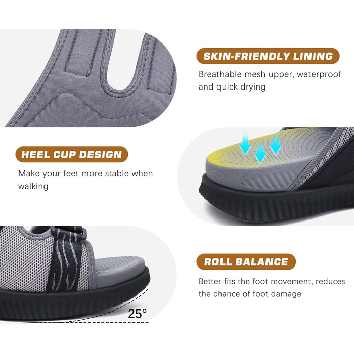 Чоловічі спортивні сандалі KuaiLu з м'якою устілкою, ортопедичні для фасціїту, підошва для хайкінгу, літні, легкі, відкриті, з регульованим липучкою (Сірий, 43 EU)