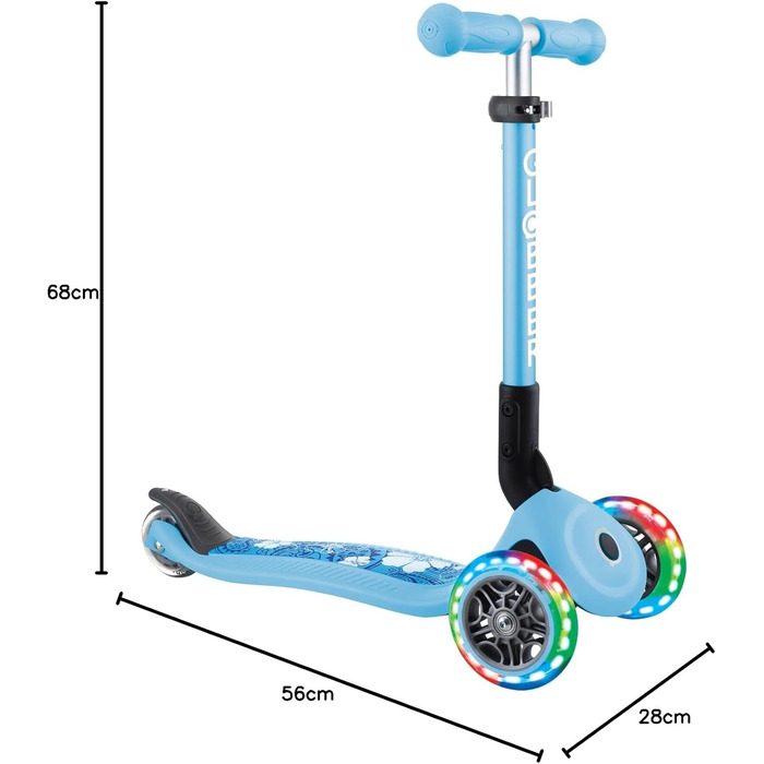 Самокат трьохколісний GLOBBER Junior Fantasy Lights, 120/80 мм, ABEC 5, складаний, LED-колеса, блакитний