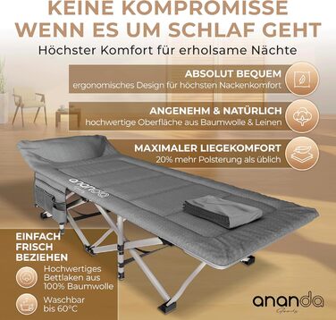 Розкладне ліжко Ananda Goods® для кемпінгу та гостей з матрацом – 190x70 см, карпове ліжко, туристичне ліжко, ліжко з бавовняно-льоновій матрац та простирадлом