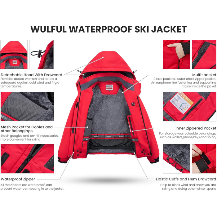 Жіноча водонепроникна куртка WULFUL для сноубордингу та лижного спорту, тепла зимова куртка з відстібною капюшоном (M, Червоний/Подорож, Однотонна (Getaway Solids))
