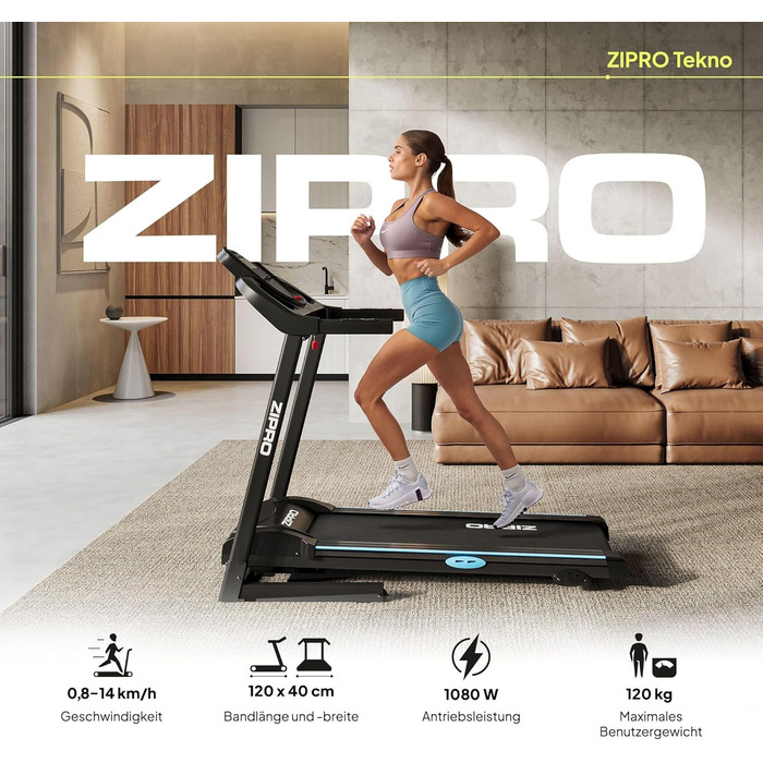 Біговий тренажер Zipro Tekno з нахилом, до 14 км/год, LCD дисплей, для дому, до 120 кг, двигун 1.5-2.5 PS