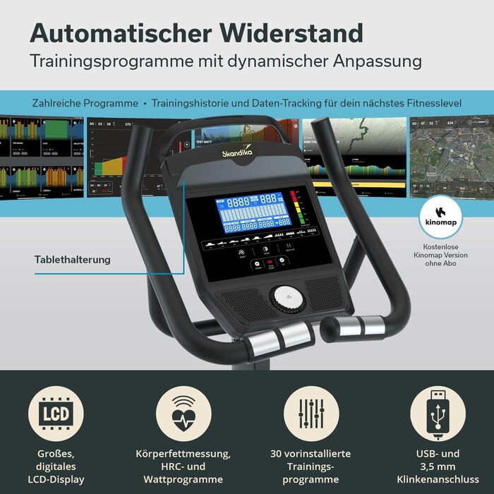 Велотренажер Skandika P14 з екраном, Bluetooth, додатком, до 150 кг – домашній ергометр для фітнесу