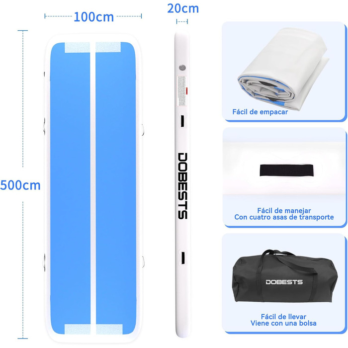 Килимок для гімнастики DOBESTS Airtrack Matte, 500x100x20 см, блакитний, з насосом та сумкою