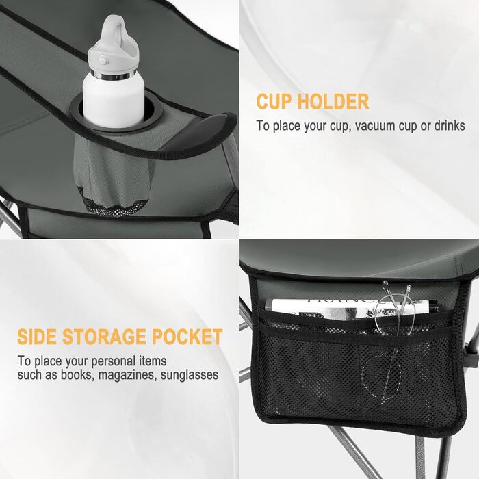 Крісло для кемпінгу Woltu, складане, рибальське, легке, з підніжкою та підсклянником, сіре