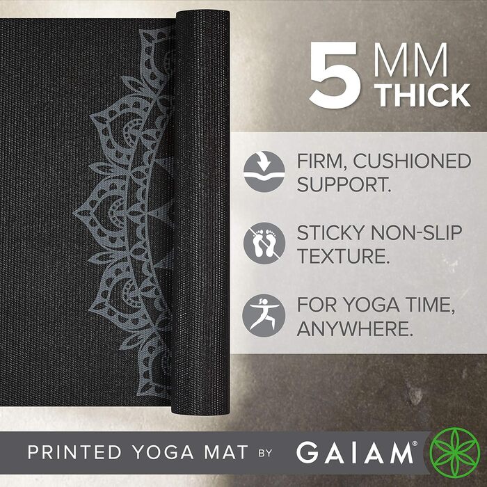 Йога мат Gaiam Premium 5 мм – антиковзка тренувальна килимок для йоги, пілатесу та фітнесу (172.7 x 61 x 5 мм), чорний, Marrakesch
