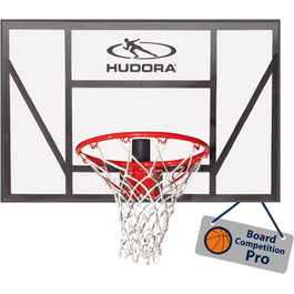Баскетбольний щит HUDORA Competition Pro із пружним кільцем для стінного монтажу, прозора задня стінка, для дітей і дорослих, для вулиці, для саду