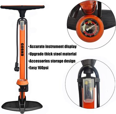 Насос для велосипеда GOBKO з манометром, 160 PSI, 11 Bar, для шосе, MTB, спортивних м'ячів, помаранчевий