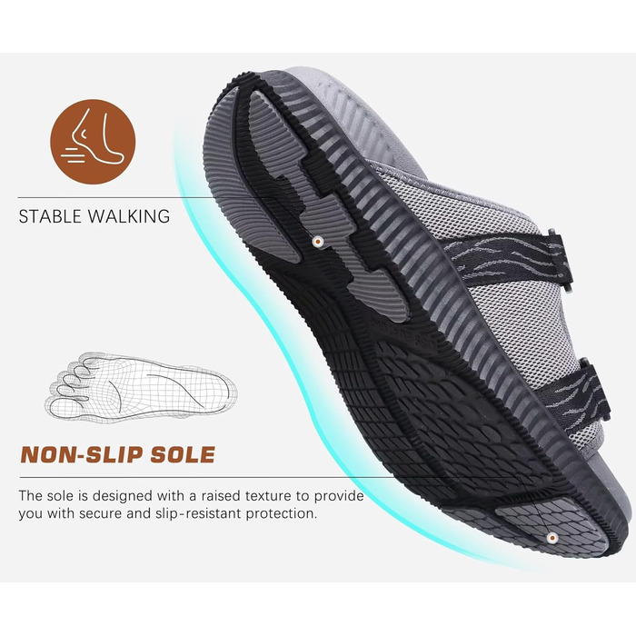 Чоловічі спортивні сандалі KuaiLu з м'якою устілкою, ортопедичні для фасціїту, підошва для хайкінгу, літні, легкі, відкриті, з регульованим липучкою (Сірий, 43 EU)