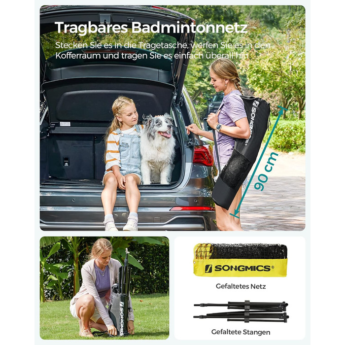 SONGMICS М'язова сітка для бадмінтону та волейболу, регульована висота, переносний набір для тенісу, пляжного волейболу, для саду, парку, на відкритому повітрі (4 м, жовта)