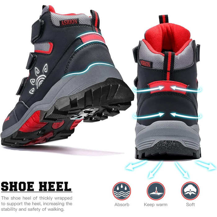 Дитячі зимові черевики ASHION: теплі, водонепроникні, для сноубордингу та трекінгу, розмір 32 EU, чорно-червоні