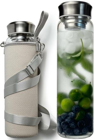 Скляна пляшка для води Drinmoaer 1 л з нержавіючою кришкою, широке горло, неопреновий чохол, для холодних напоїв