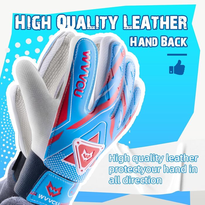Воротарські рукавички WVVOU для дітей та підлітків, футбольні, подвійний захист, супер зчеплення (Blue, 4)