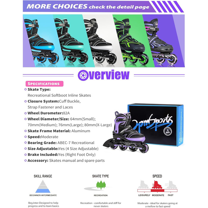 Дитячі ролики 2PM SPORTS з регульованим розміром для дівчаток та хлопчиків, зелені (фіолетові), розмір EU 37.5-41