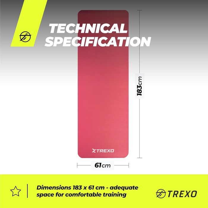 TREXO килимок для фітнесу NBR 183x61 см, рожевий - міцний, 15 мм, з антиковзким покриттям та ручками