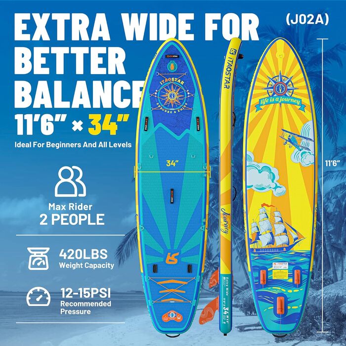 Надувна SUP-дошка iTAOSTAR Journey 86/89 см, широка, комплект аксесуарів, для йоги та початківців