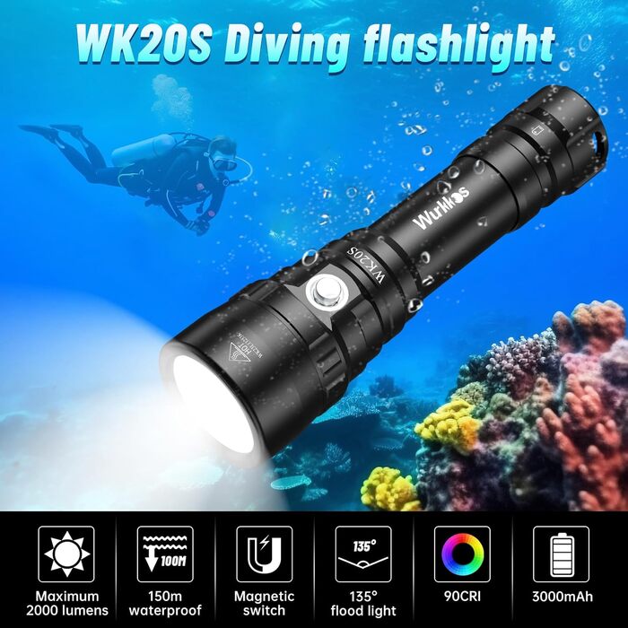 Ліхтар під водою Wurkkos 1950 Lumen SST40 LED, глибина до 150м, IPX8, з зарядним пристроєм